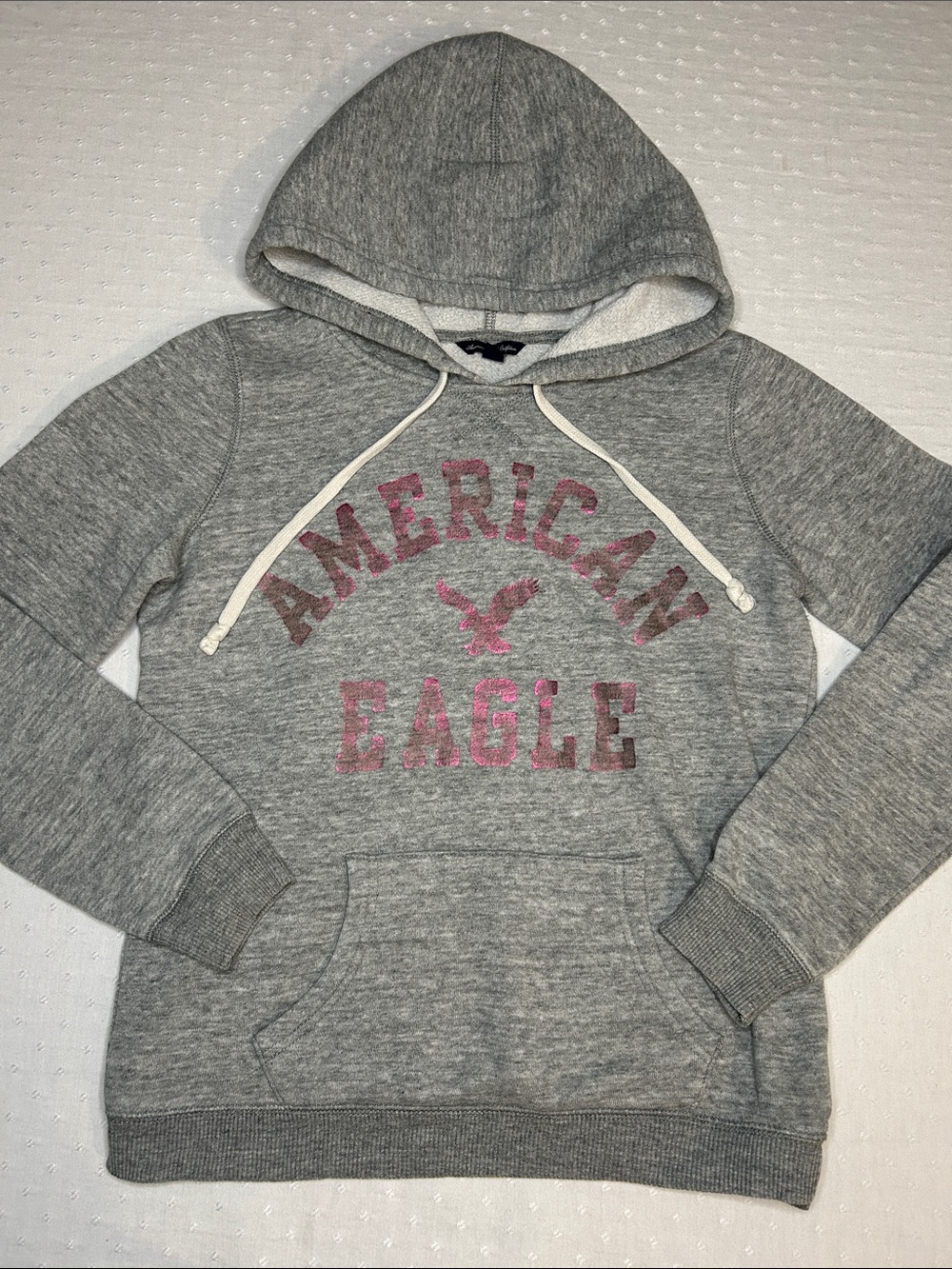 American Eagle Outfitters Y2K cozy Heather Gray Hoodie with shimmer Pink Logo